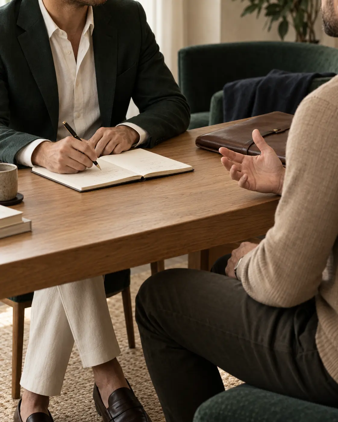 Consultor escuta o cliente e registra informações em um caderno durante a conversa inicial