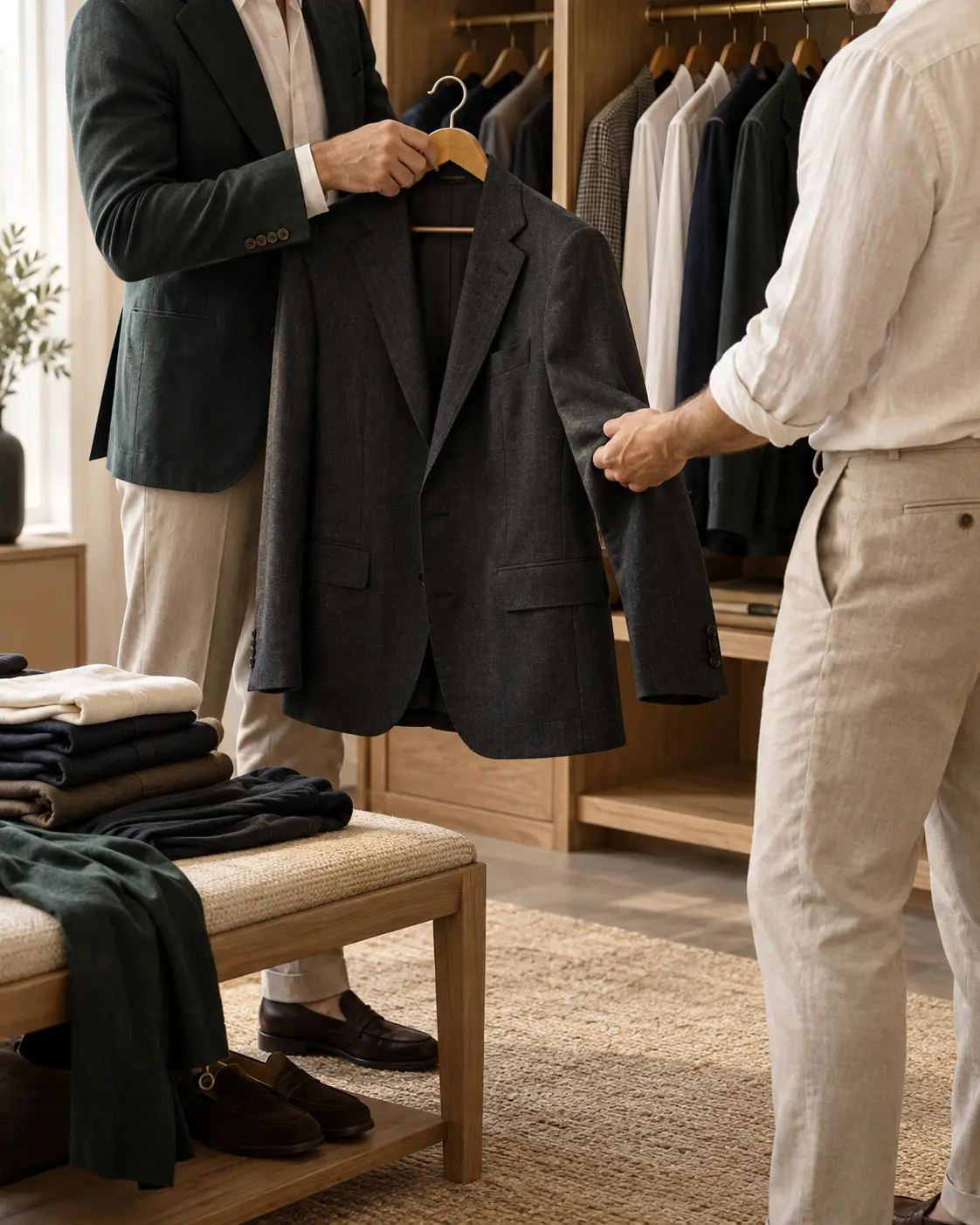 Consultor e cliente avaliam um blazer diante de um armário com peças selecionadas